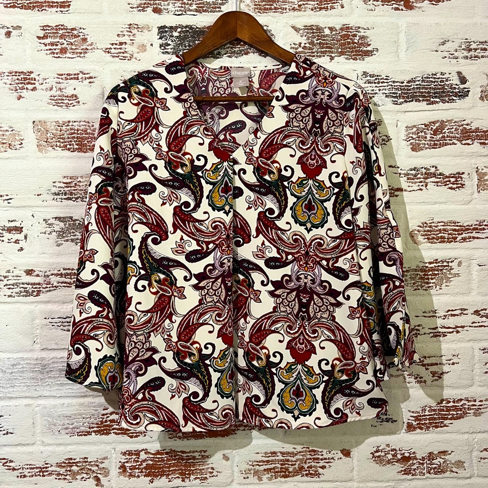 Chico’s Blouse Paisley Floral Slit Bell Sleeves Pleated Front Fall Autumn Sz 1P
